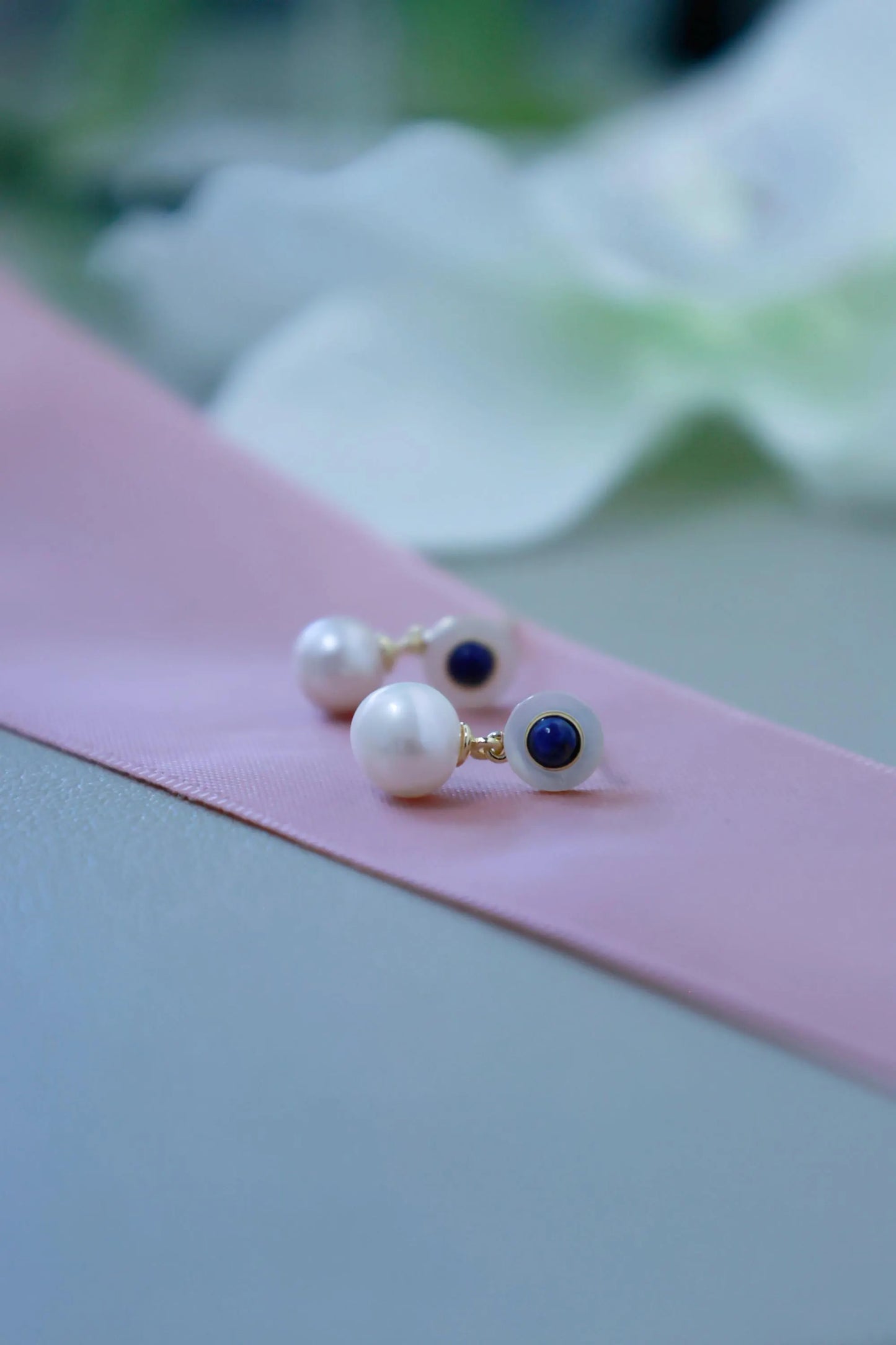 Vintage Style Pearl Drop Earrings with Lapis Lazuli