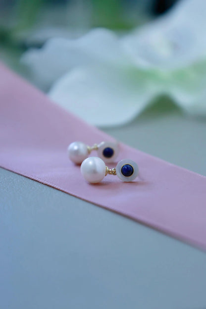 Vintage Style Pearl Drop Earrings with Lapis Lazuli