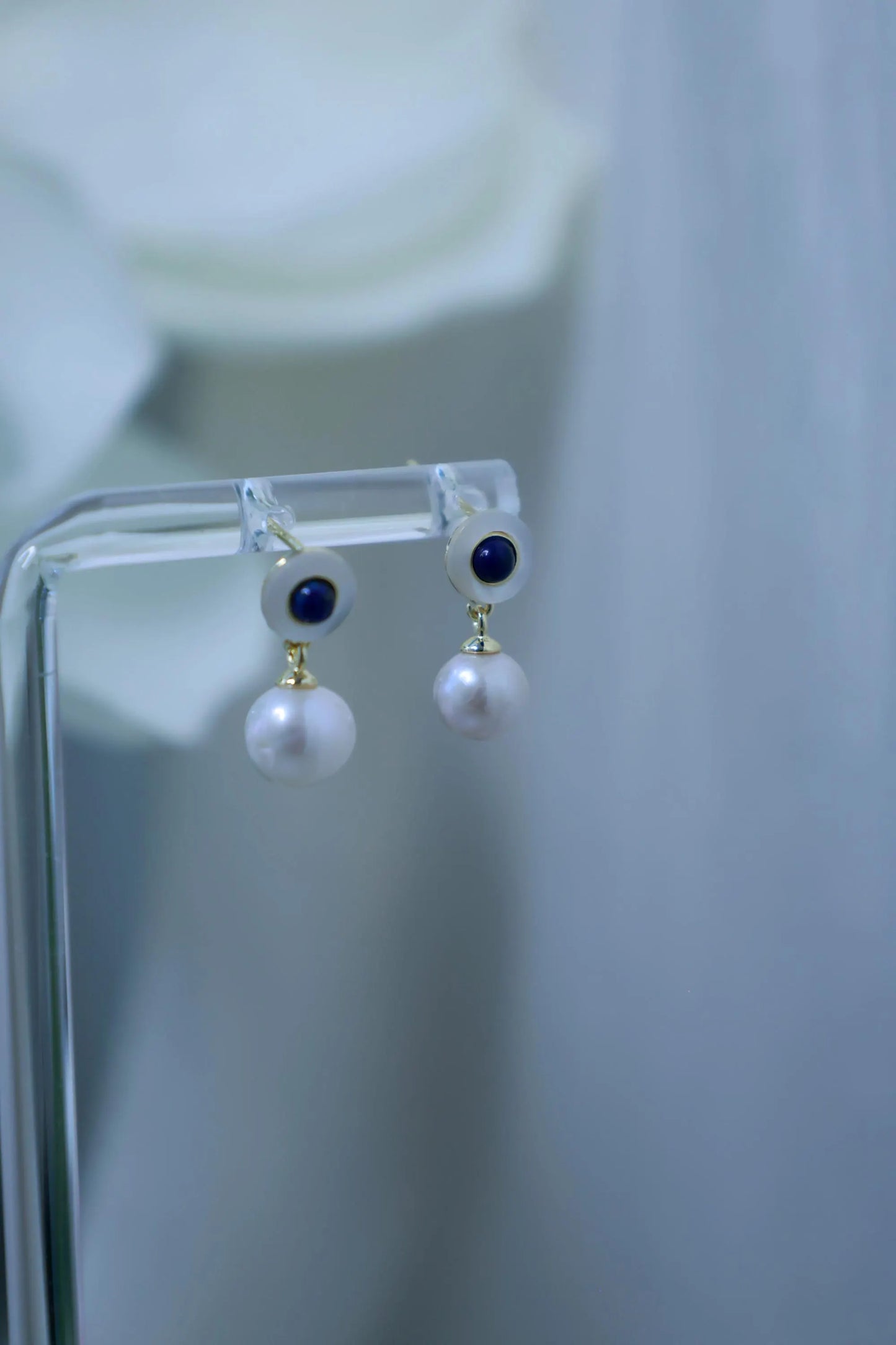 Vintage Style Pearl Drop Earrings with Lapis Lazuli