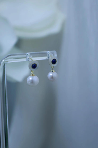 Vintage Style Pearl Drop Earrings with Lapis Lazuli