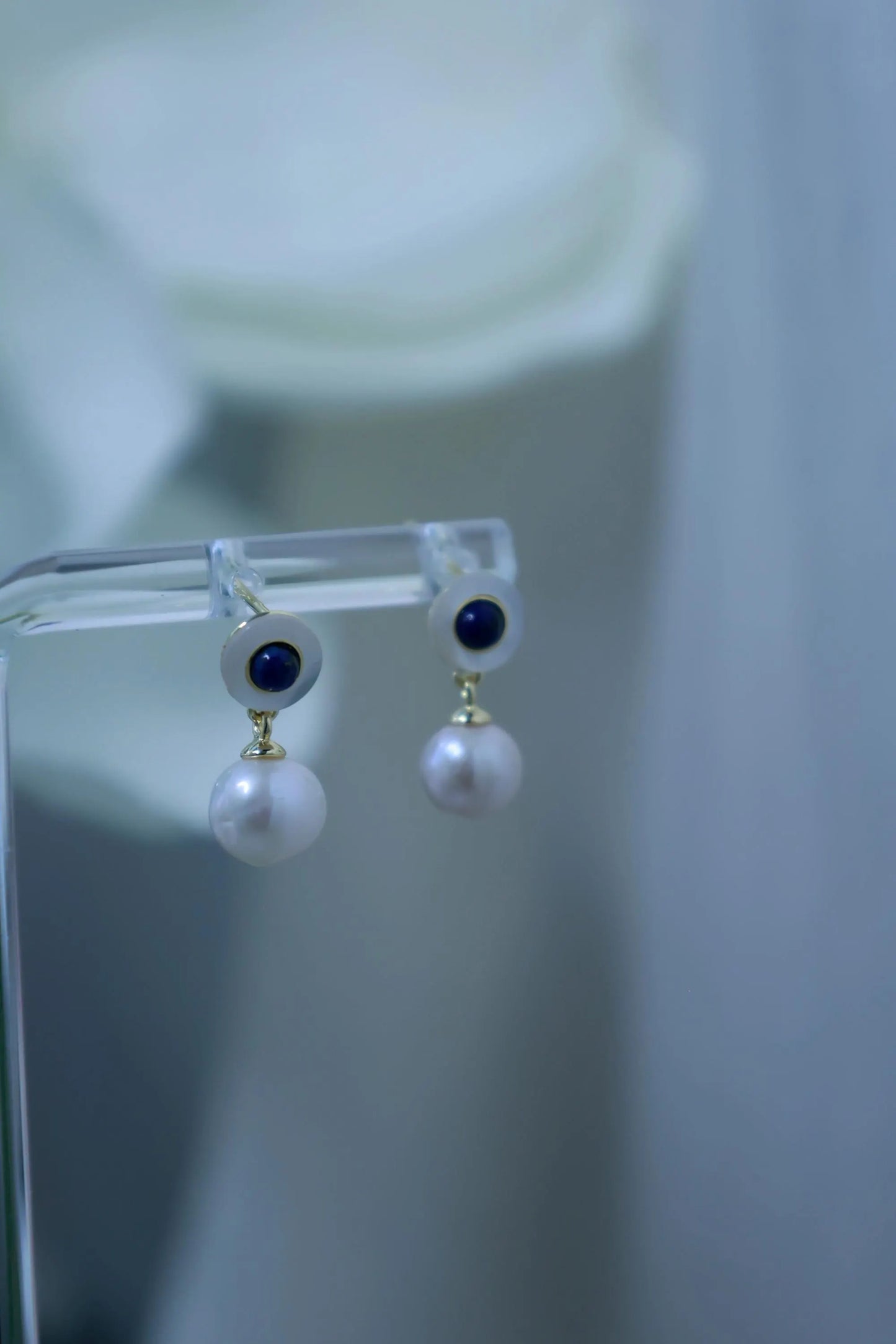 Vintage Style Pearl Drop Earrings with Lapis Lazuli