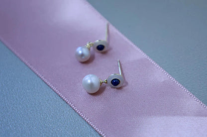 Vintage Style Pearl Drop Earrings with Lapis Lazuli