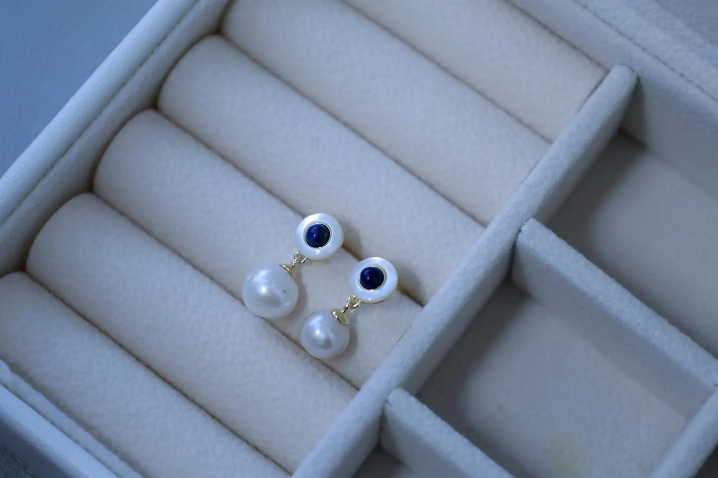 Vintage Style Pearl Drop Earrings with Lapis Lazuli