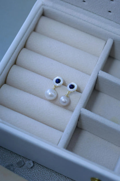 Vintage Style Pearl Drop Earrings with Lapis Lazuli
