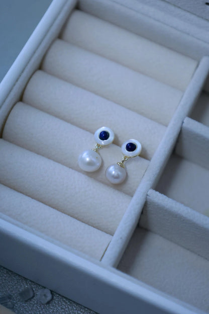 Vintage Style Pearl Drop Earrings with Lapis Lazuli