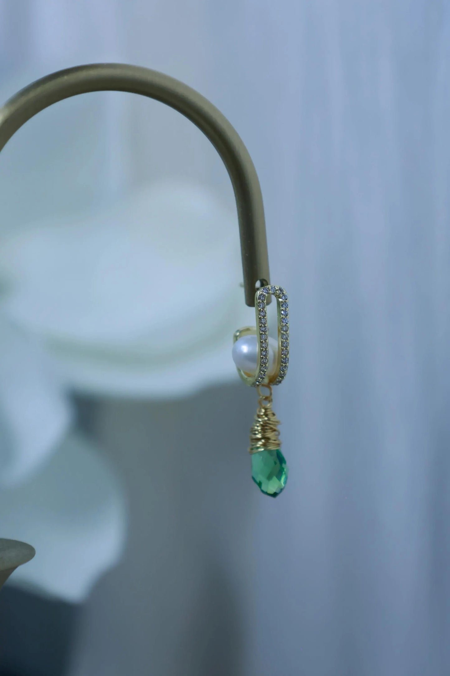 Vintage Green Zircon & Pearl Drop Earrings - Brass Huggie Hoops