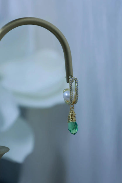 Vintage Green Zircon & Pearl Drop Earrings - Brass Huggie Hoops