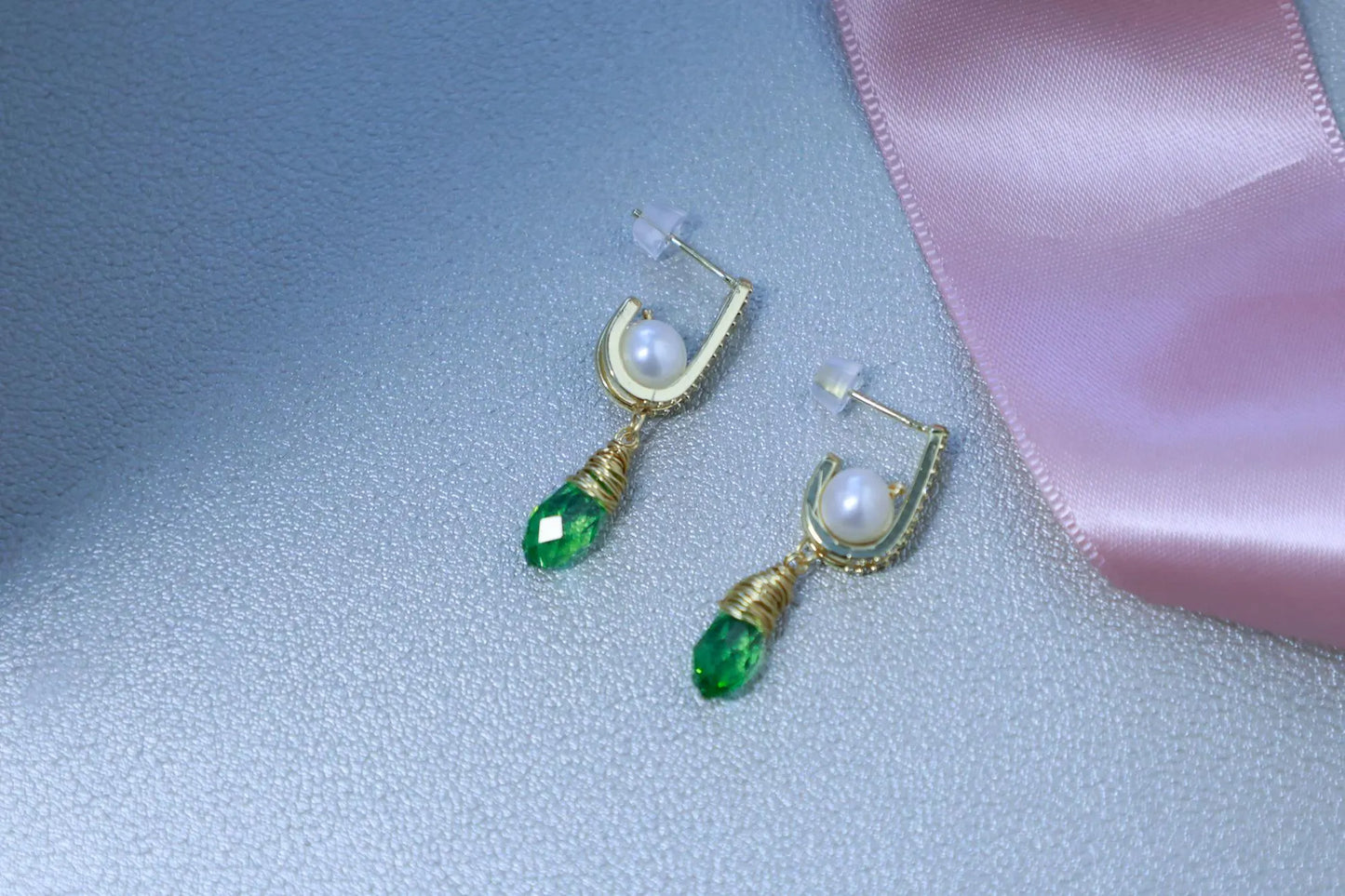 Vintage Green Zircon & Pearl Drop Earrings - Brass Huggie Hoops