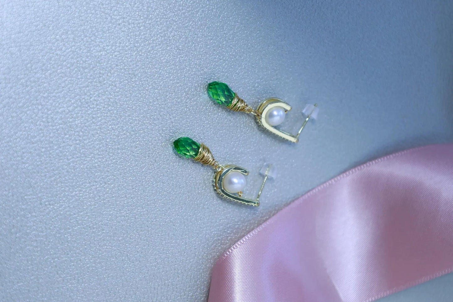 Vintage Green Zircon & Pearl Drop Earrings - Brass Huggie Hoops