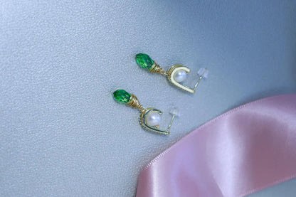 Vintage Green Zircon & Pearl Drop Earrings - Brass Huggie Hoops