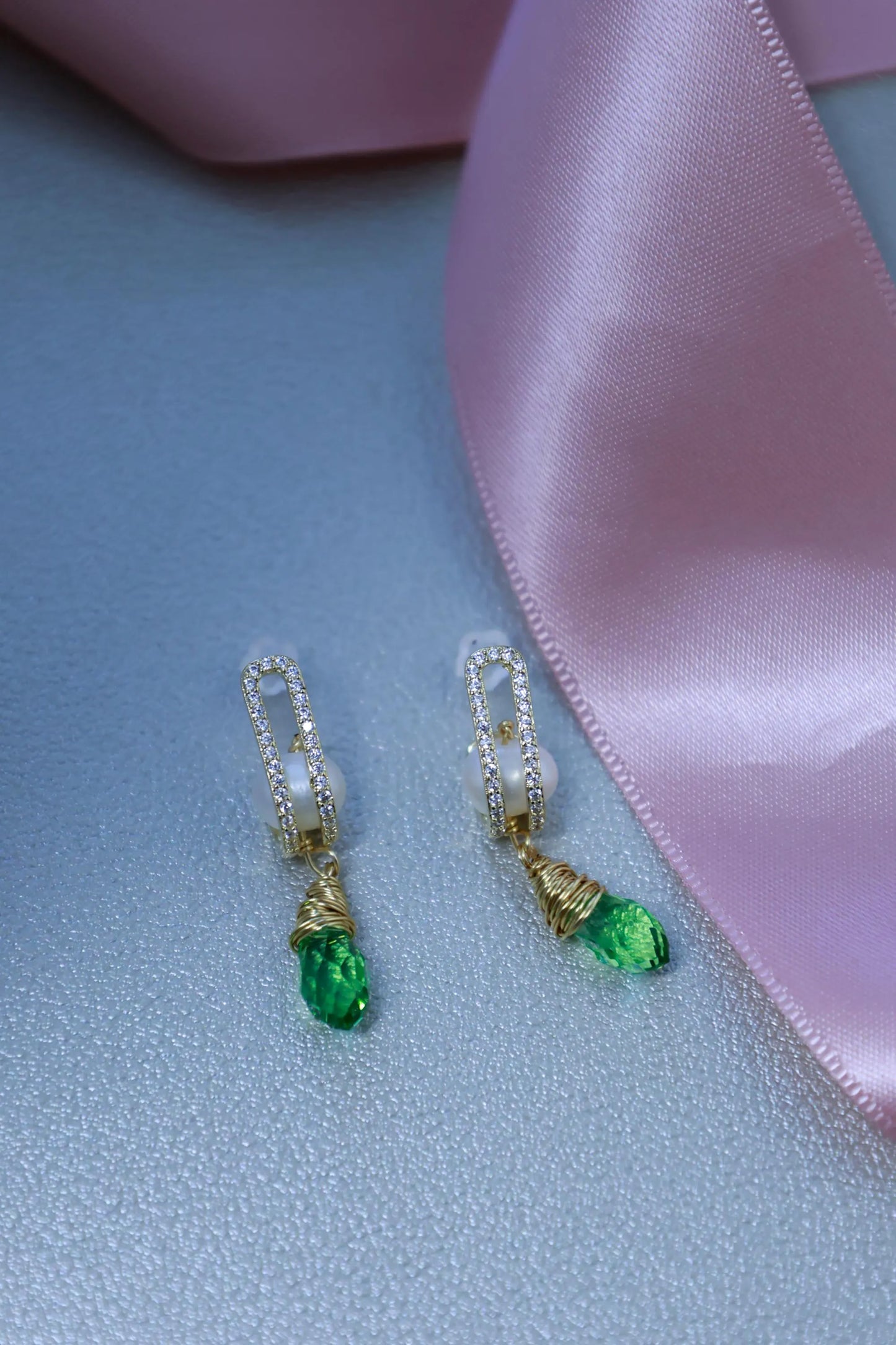 Vintage Green Zircon & Pearl Drop Earrings - Brass Huggie Hoops