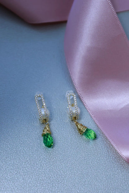 Vintage Green Zircon & Pearl Drop Earrings - Brass Huggie Hoops
