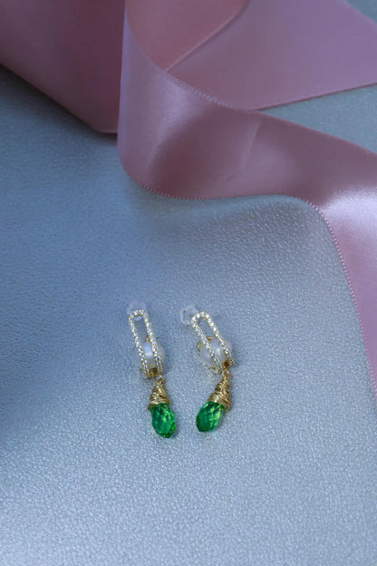 Vintage Green Zircon & Pearl Drop Earrings - Brass Huggie Hoops
