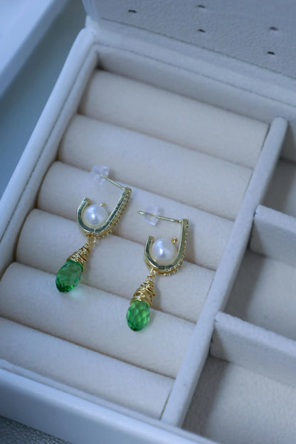 Vintage Green Zircon & Pearl Drop Earrings - Brass Huggie Hoops