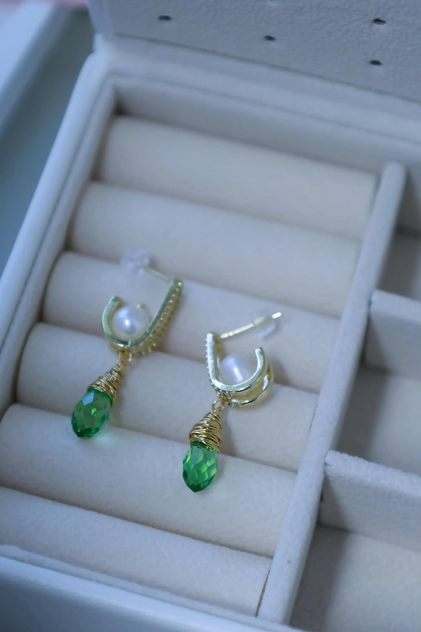 Vintage Green Zircon & Pearl Drop Earrings - Brass Huggie Hoops