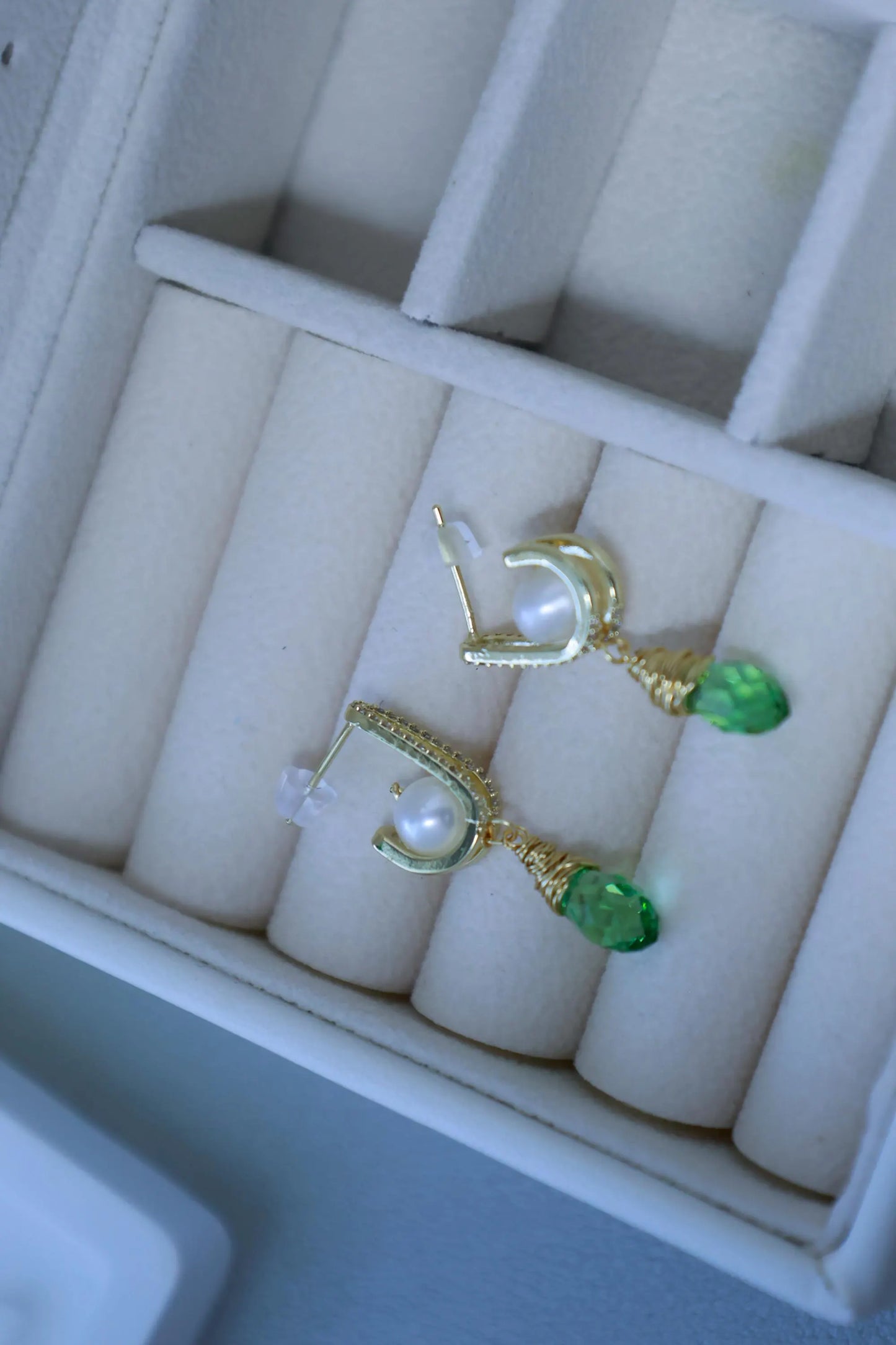 Vintage Green Zircon & Pearl Drop Earrings - Brass Huggie Hoops