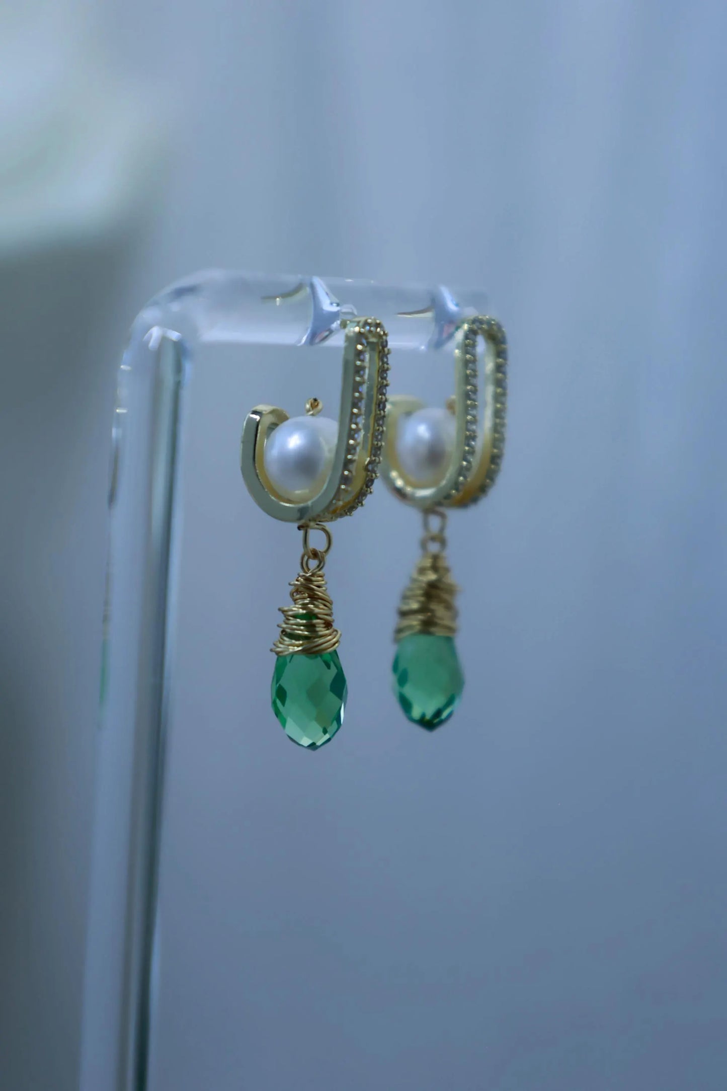 Vintage Green Zircon & Pearl Drop Earrings - Brass Huggie Hoops