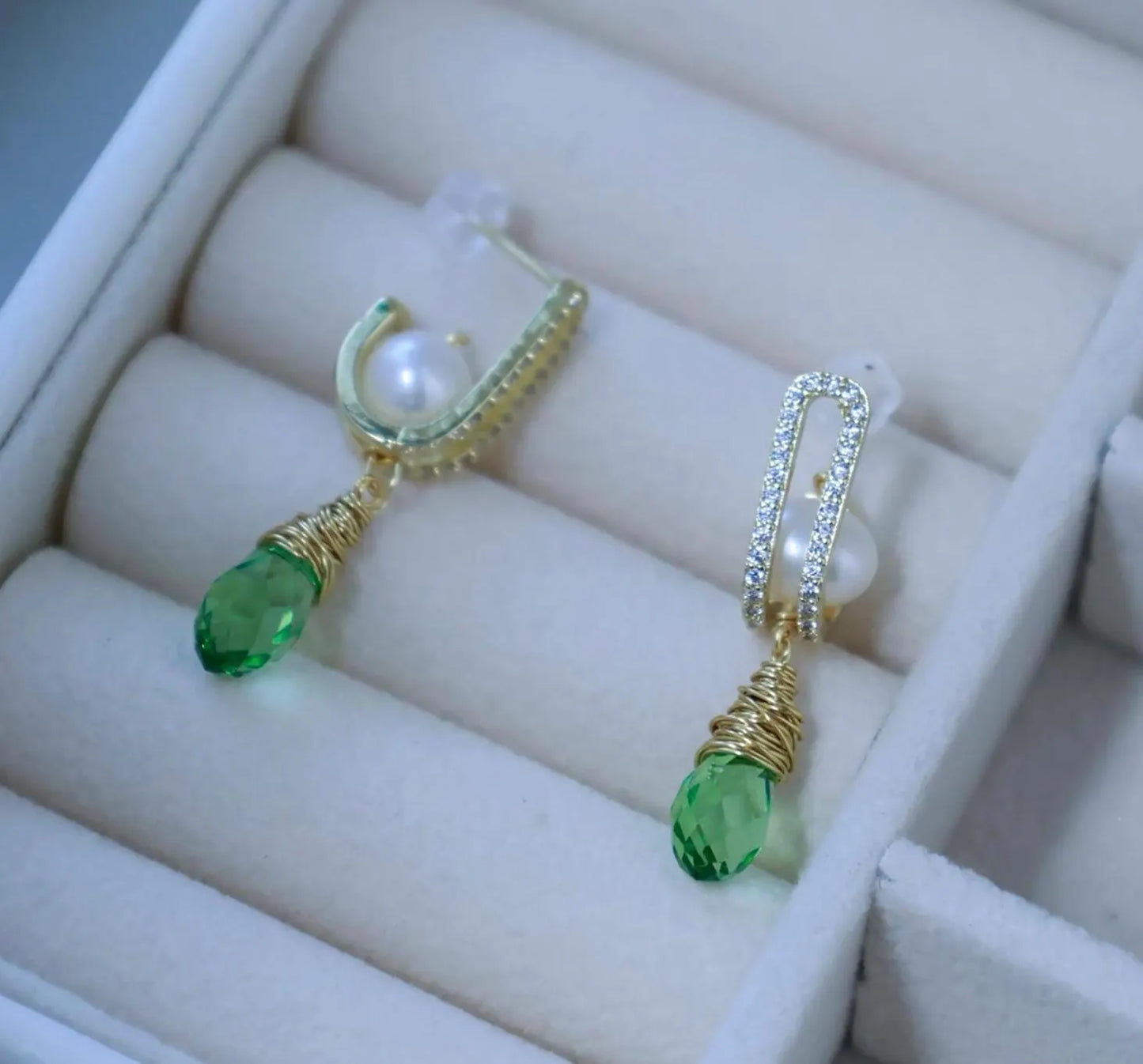 Vintage Green Zircon & Pearl Drop Earrings - Brass Huggie Hoops