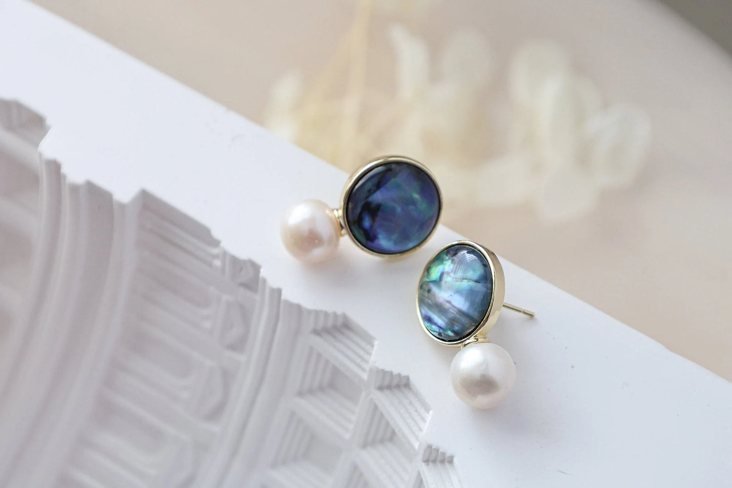 Natural Paua Shell & Freshwater Pearl Stud Earrings, Abalone Shell