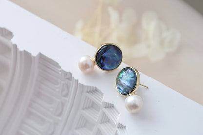Natural Paua Shell & Freshwater Pearl Stud Earrings, Abalone Shell