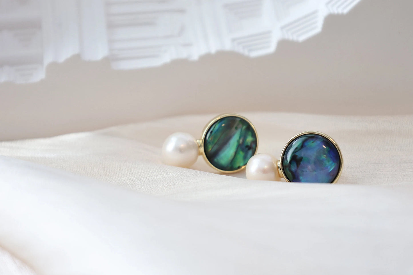 Natural Paua Shell & Freshwater Pearl Stud Earrings, Abalone Shell