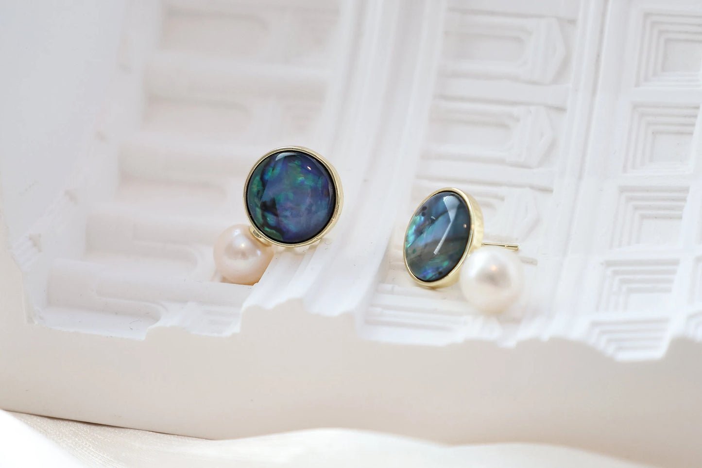 Natural Paua Shell & Freshwater Pearl Stud Earrings, Abalone Shell