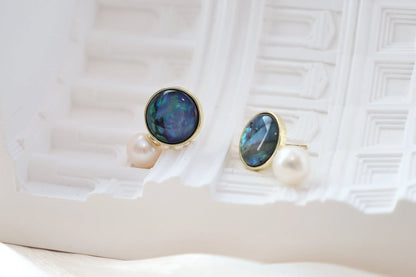 Natural Paua Shell & Freshwater Pearl Stud Earrings, Abalone Shell