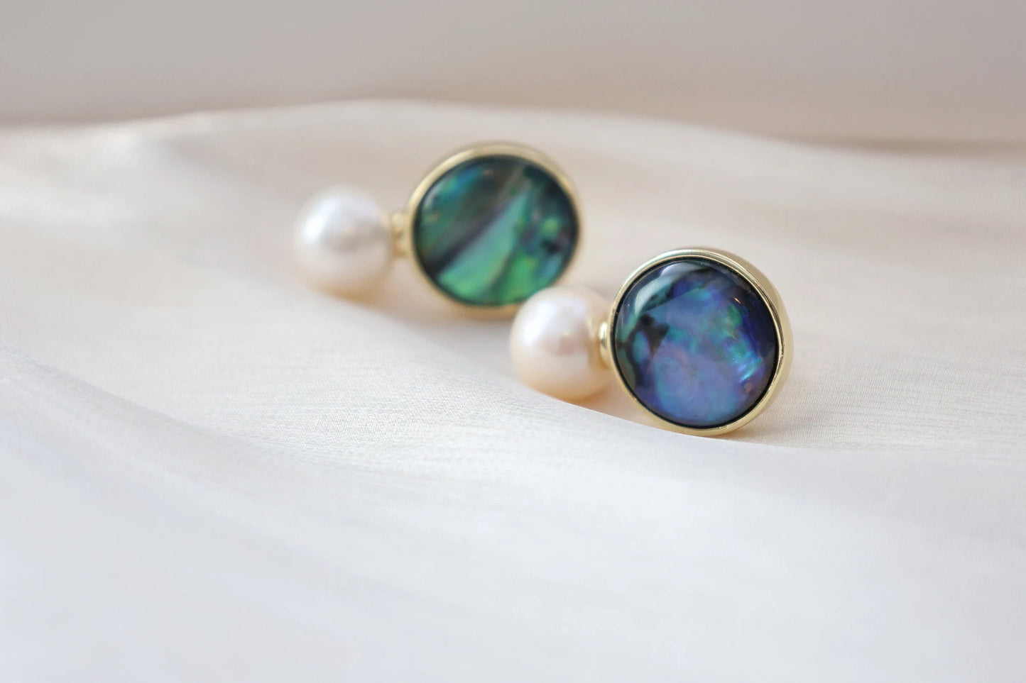 Natural Paua Shell & Freshwater Pearl Stud Earrings, Abalone Shell