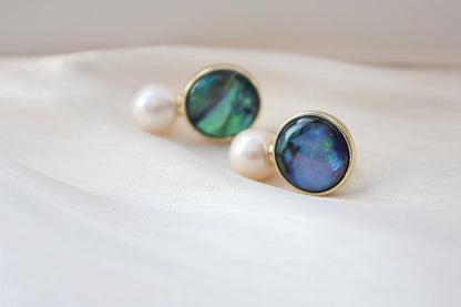 Natural Paua Shell & Freshwater Pearl Stud Earrings, Abalone Shell