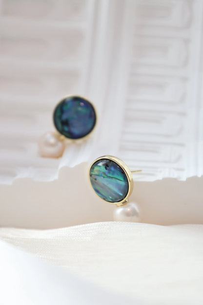 Natural Paua Shell & Freshwater Pearl Stud Earrings, Abalone Shell