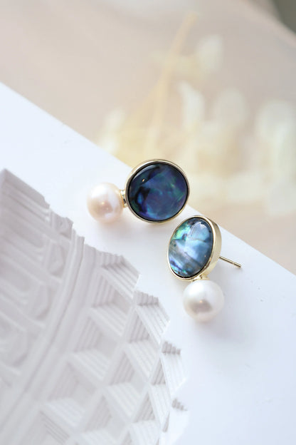 Natural Paua Shell & Freshwater Pearl Stud Earrings, Abalone Shell