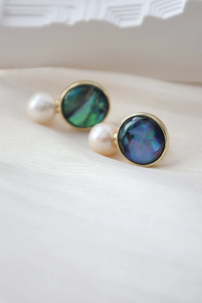 Natural Paua Shell & Freshwater Pearl Stud Earrings, Abalone Shell