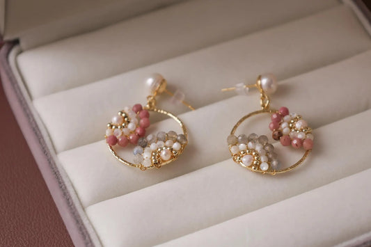 Boho Pearl Hoop Earrings - Multi-Gemstone Flower Clusters