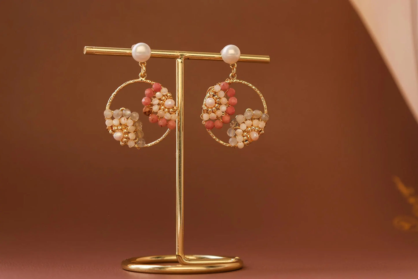 Boho Pearl Hoop Earrings - Multi-Gemstone Flower Clusters