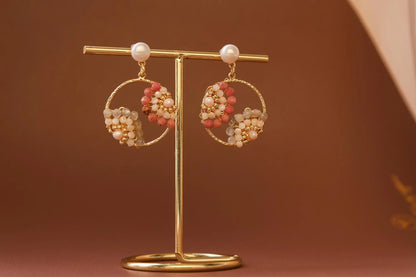 Boho Pearl Hoop Earrings - Multi-Gemstone Flower Clusters