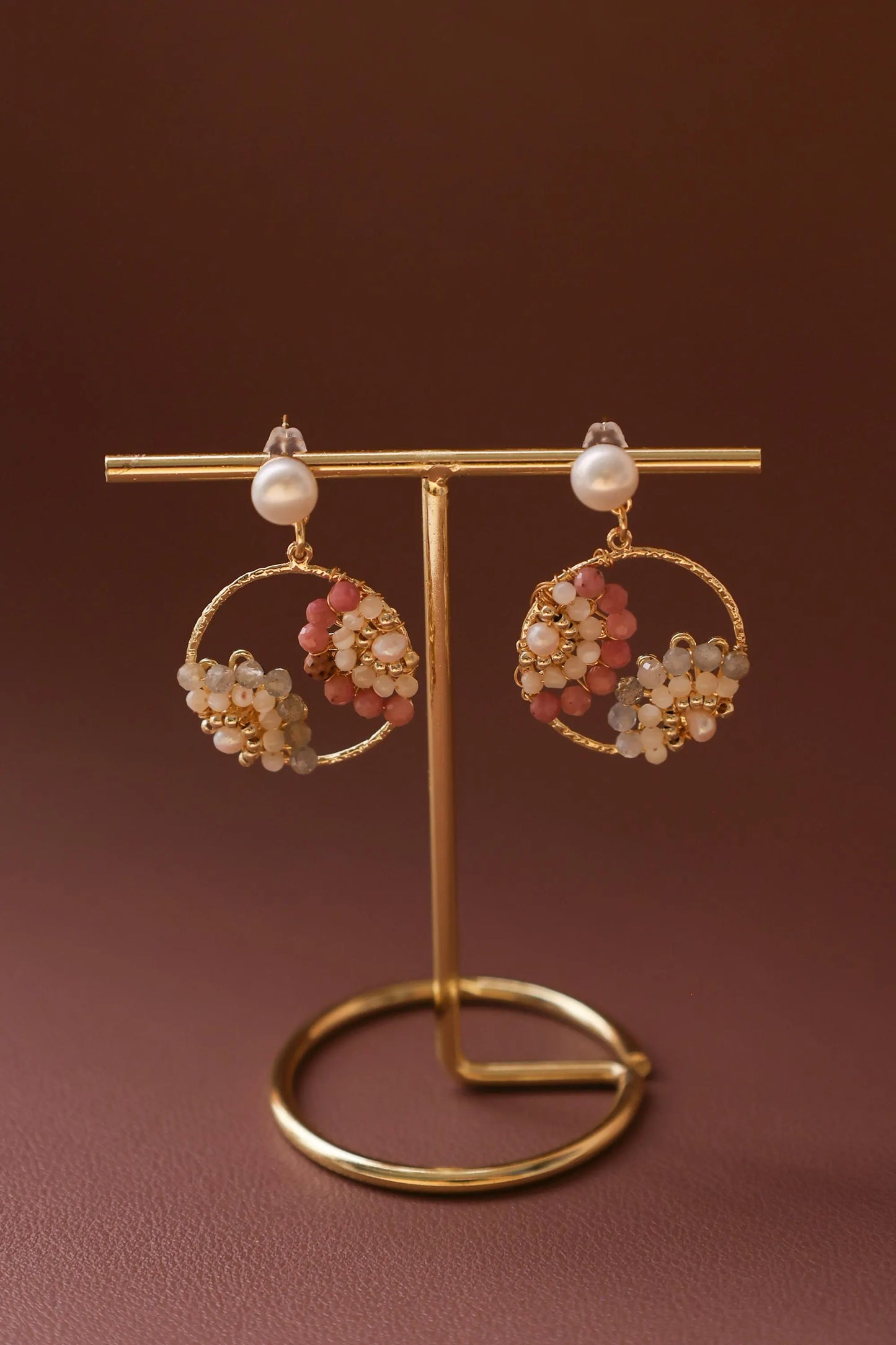 Boho Pearl Hoop Earrings - Multi-Gemstone Flower Clusters