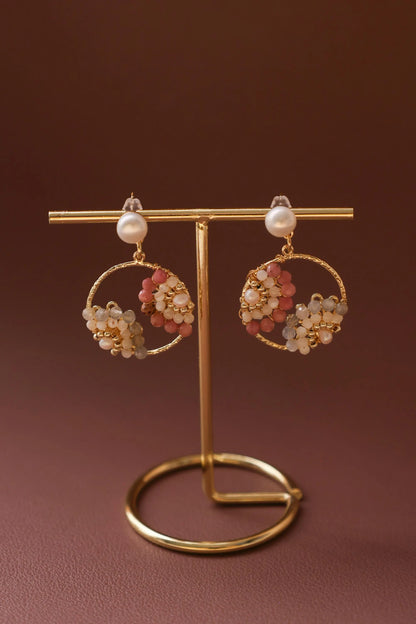 Boho Pearl Hoop Earrings - Multi-Gemstone Flower Clusters