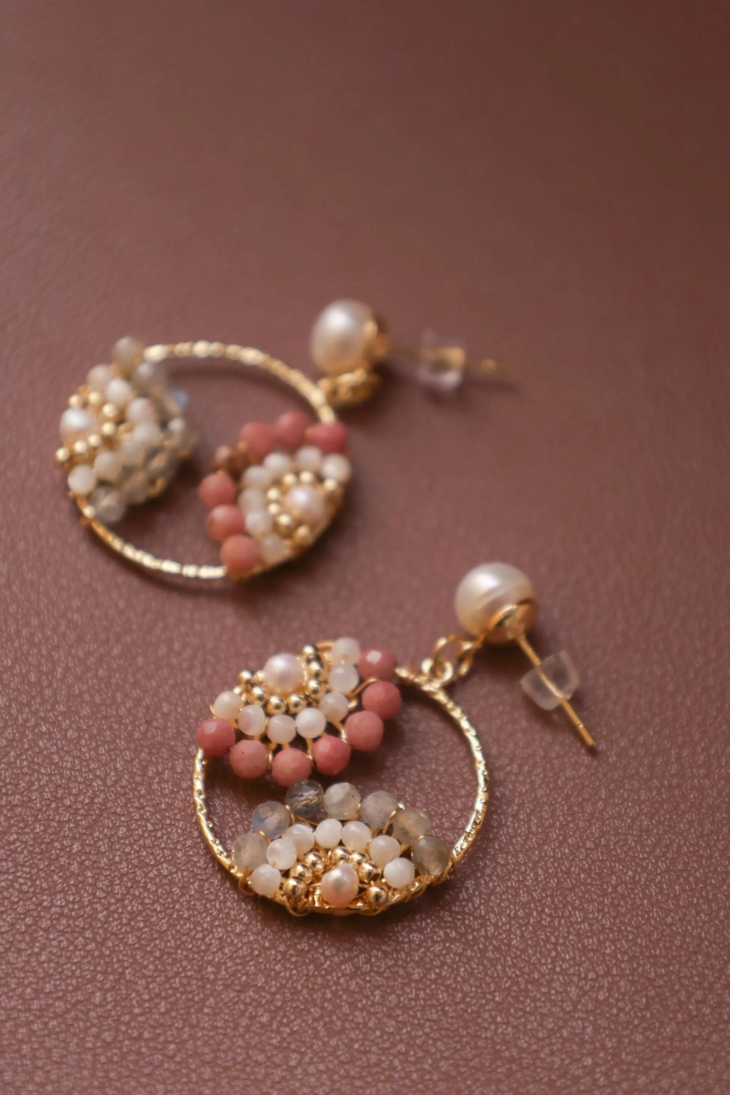 Boho Pearl Hoop Earrings - Multi-Gemstone Flower Clusters