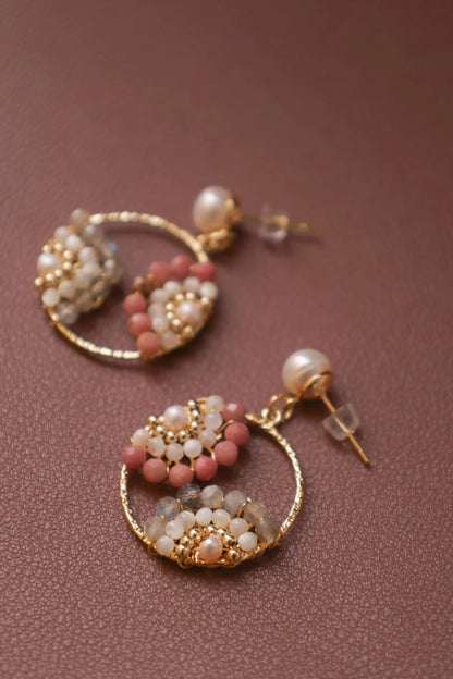 Boho Pearl Hoop Earrings - Multi-Gemstone Flower Clusters