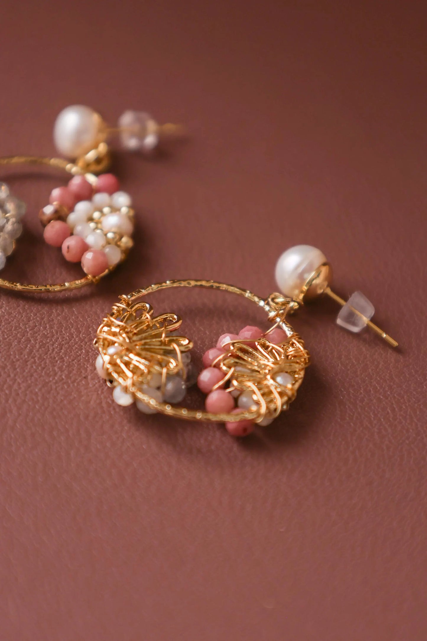 Boho Pearl Hoop Earrings - Multi-Gemstone Flower Clusters