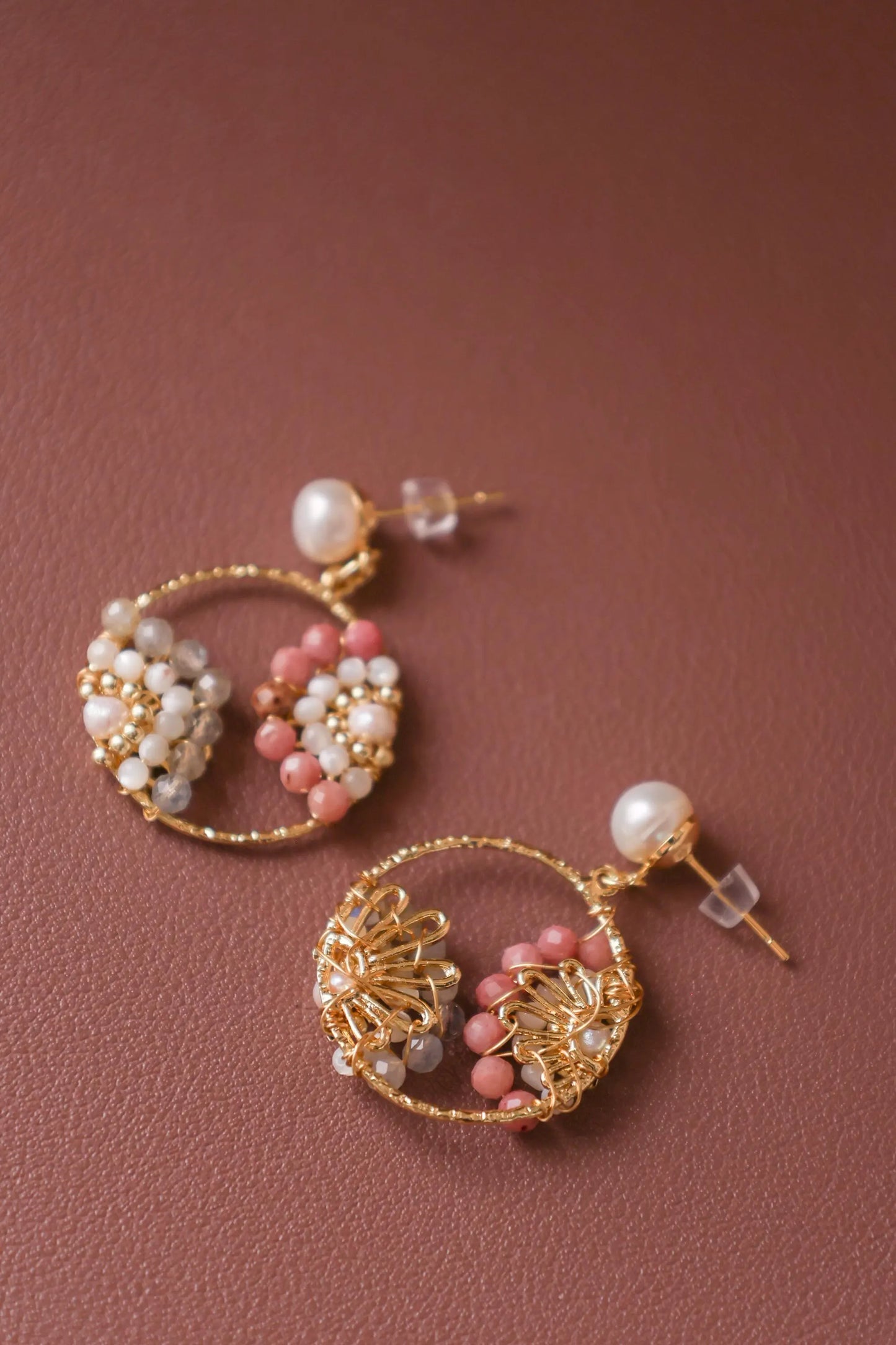Boho Pearl Hoop Earrings - Multi-Gemstone Flower Clusters