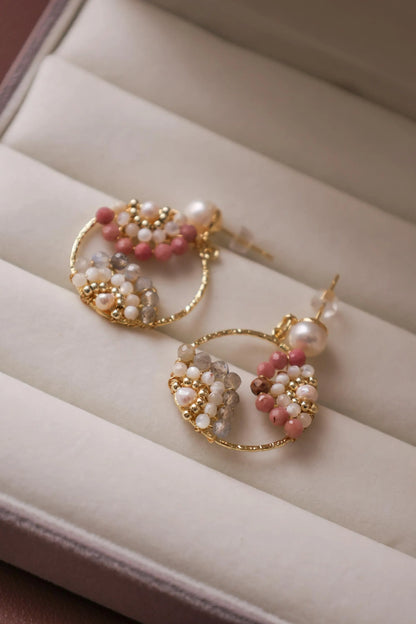 Boho Pearl Hoop Earrings - Multi-Gemstone Flower Clusters