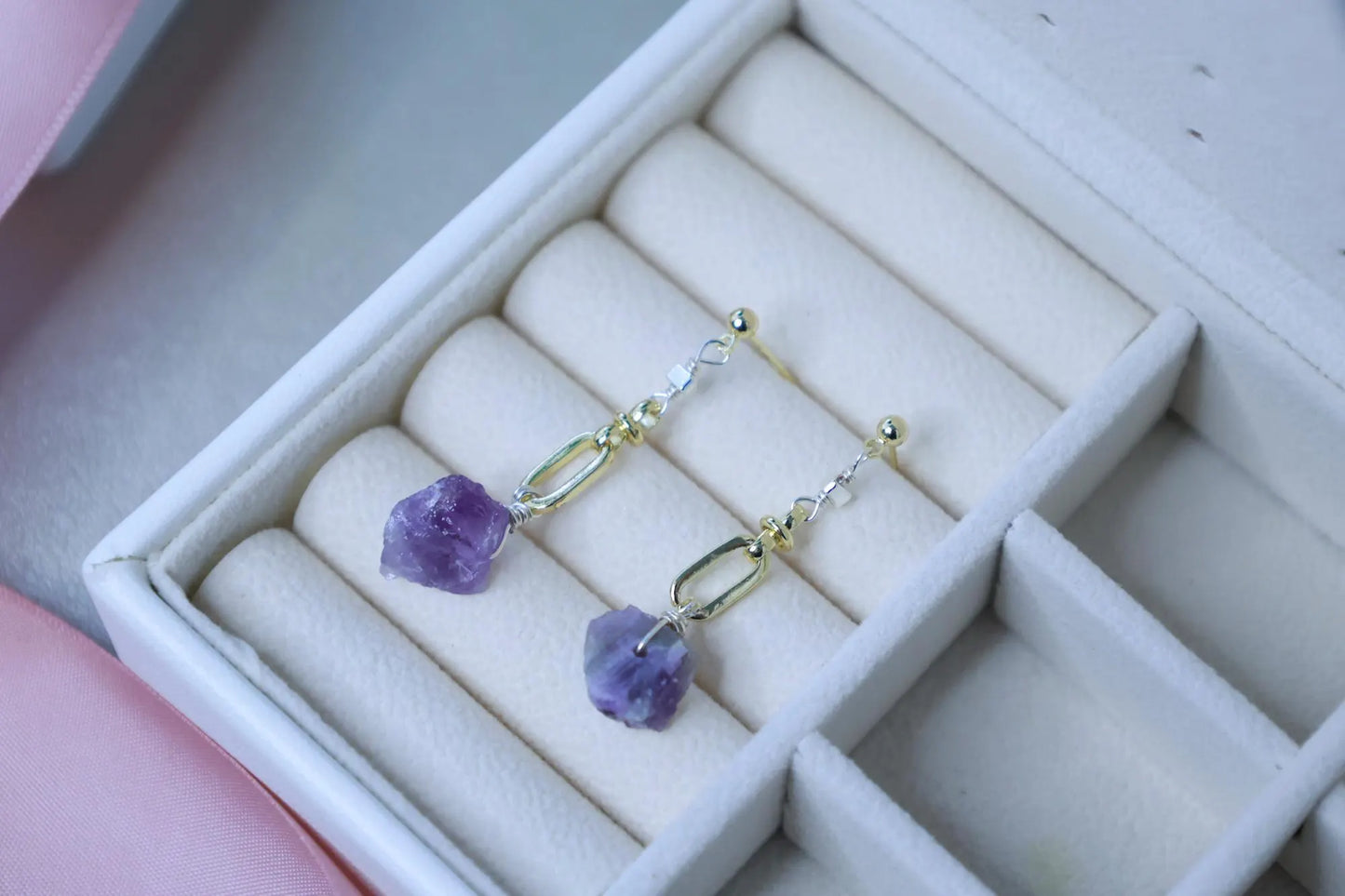 Raw Amethyst Crystal Drop Earrings - Crafted with Raw Stone Earring