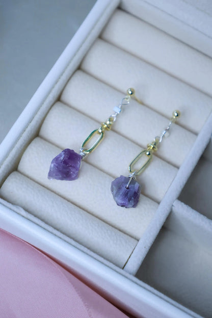 Raw Amethyst Crystal Drop Earrings - Crafted with Raw Stone Earring