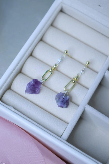 Raw Amethyst Crystal Drop Earrings - Crafted with Raw Stone Earring