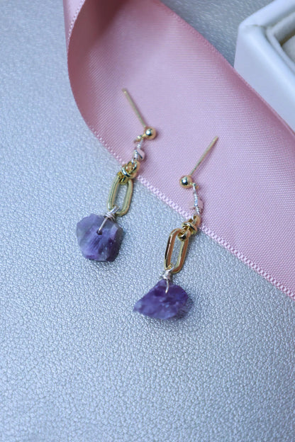 Raw Amethyst Crystal Drop Earrings - Crafted with Raw Stone Earring