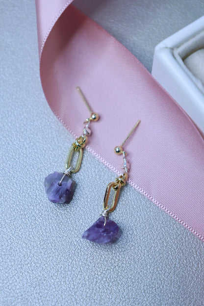 Raw Amethyst Crystal Drop Earrings - Crafted with Raw Stone Earring