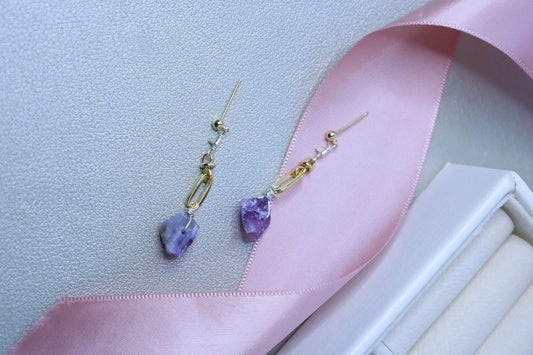 Raw Amethyst Crystal Drop Earrings - Crafted with Raw Stone Earring