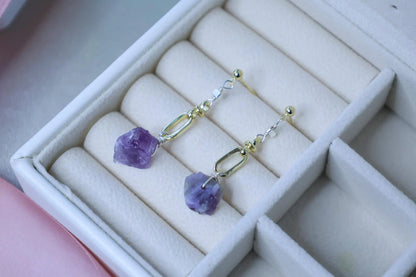 Raw Amethyst Crystal Drop Earrings - Crafted with Raw Stone Earring