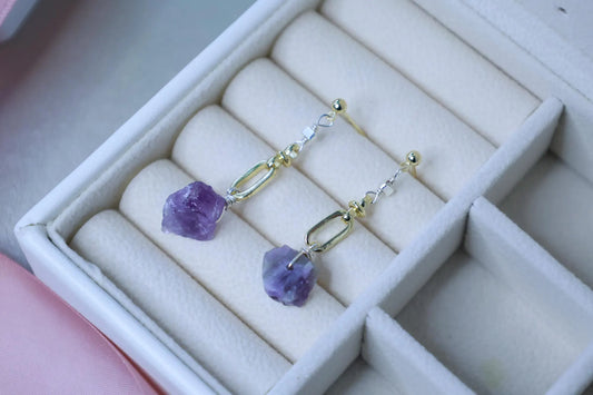 Raw Amethyst Crystal Drop Earrings - Crafted with Raw Stone Earring